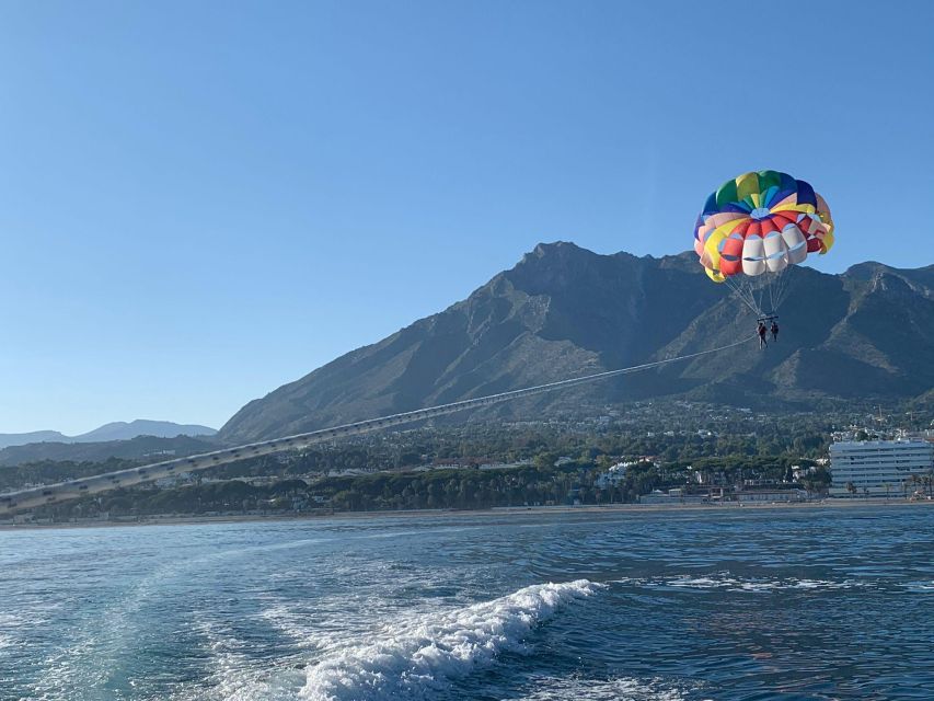 Marbella from the heights: Parasailing - Harness, life jacket, and ordinary clothes